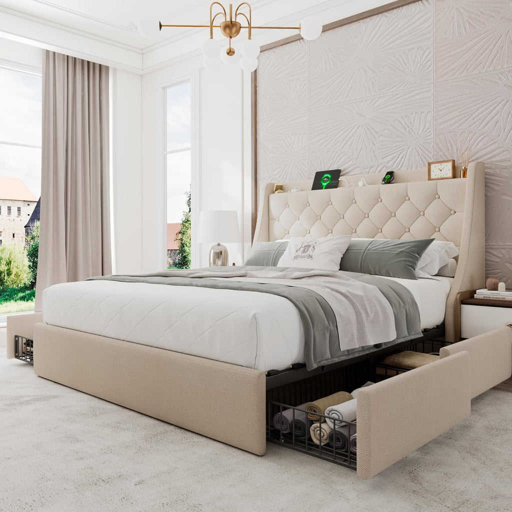 Einhomn Upholstered Full Size Bed Frame with 4 Storage Drawers, Platform Bed with Wingback Headboard, Charging Station, No Box Spring Needed, Beige