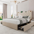 Einhomn Upholstered Full Size Bed Frame with 4 Storage Drawers, Platform Bed with Wingback Headboard, Charging Station, No Box Spring Needed, Beige