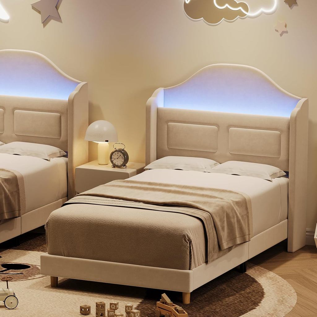 GarveeHome Twin Bed Frame for Kids, Upholstered Velvet Princess Platform Bed for Boys/Girls with Wingback, Bookcase Headboard & LED Lights, No Box Spring Needed, Noise-Free, Easy Assembly, Beige