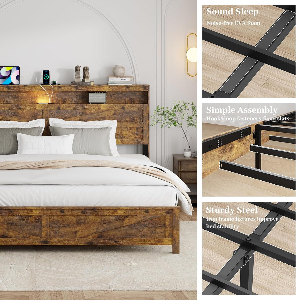 King Size Bed Frame with Headboard, Rustic Farmhouse Wood Bed Frame with LED Lights and Charging Station, Easy Assembly, No Box Spring Needed (Brown, King)