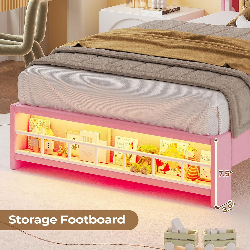 HAUOMS Twin Size Bed Frame with LED Lights, Princess Velvet Upholstered Platform Bed for Girls, Headboard with Charging Station & Guardrail & Crystal Button, No Box Spring Needed, Pink