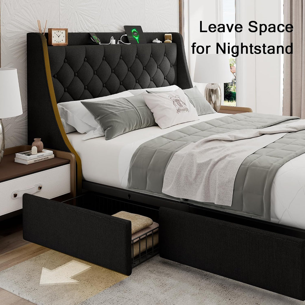 Einhomn Upholstered Full Size Bed Frame with 4 Storage Drawers, Platform Bed with Large Wingback Headboard, Charging Station, No Box Spring Needed, Easy Assembly, Black