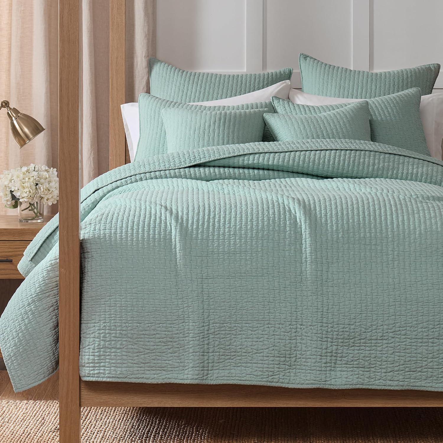 Levtex Home Cross Stitch Reversible Full/Queen Quilt Set (88x92in) with 2 Pillow Shams (26x20in) - Stitch Texture - Blue Haze - Cotton Full/Queen Size Quilt Bedding Set - Lightweight, Soft, Pre-Washed