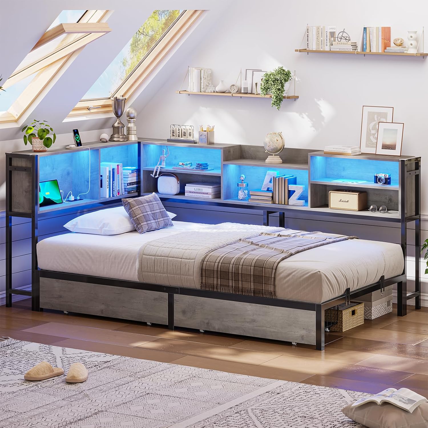 Hasuit Corner Bed Frame Twin with 2 Drawers and Storage Bookcase, Daybed with Charging Station and LED Lights, Metal Platform Bed with Bookshleves,Twin Size Bed Frame for Kids Teens Guests, Oak Gray