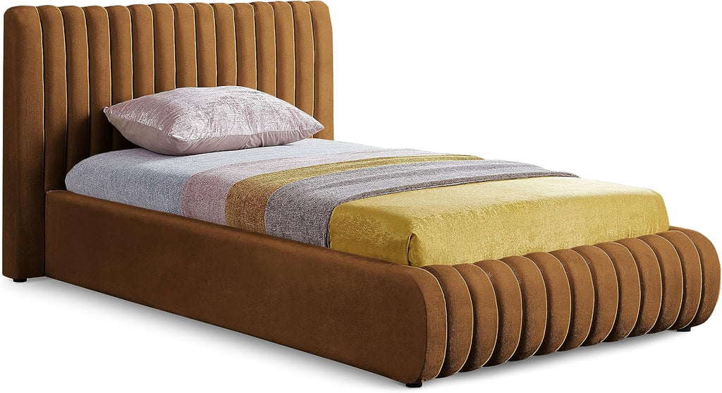 Meridian Furniture NicoSaddle-T Nico Collection Modern | Contemporary Velvet Upholstered Twin Bed with Rich Saddle Velvet and Deep Channel Tufting, 53' W x 86' D x 38' H, Saddle, Twin