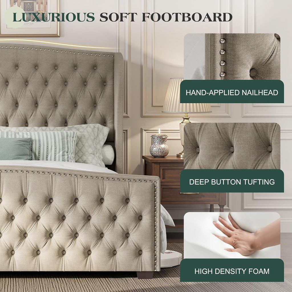 LUXOAK King Platform Bed Frame with Wingback Headboard, Velvet Upholstered Bed Frame with Handmade Button Tufted & Nailhead, Wooden Slats Support, Beige