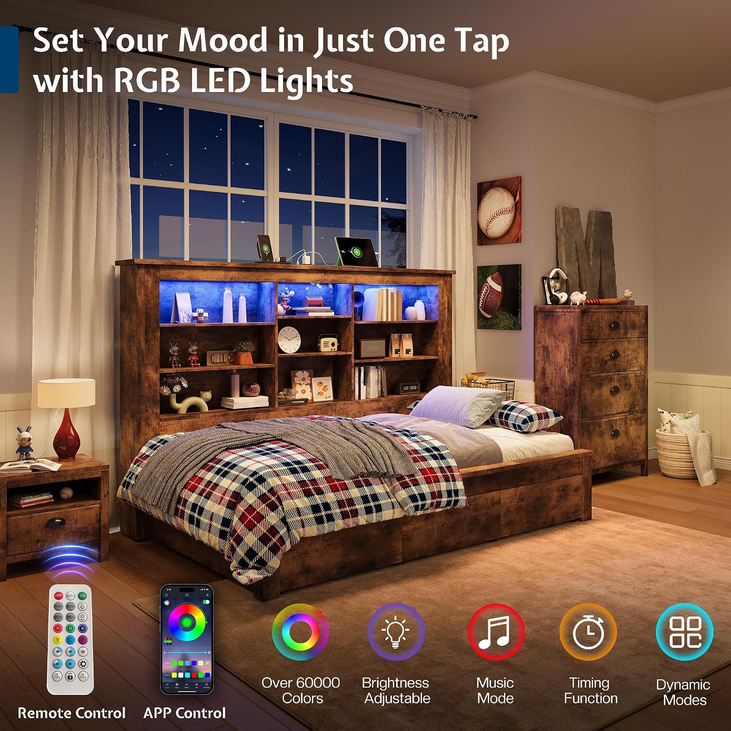 Jocisland Twin Bed Frame with Storage Drawers, Bookcase Headboard, USB Charging, RGB Lights, Farmhouse Wood Daybed No Box Spring Needed, Rustic Oak | 49' tall shelving