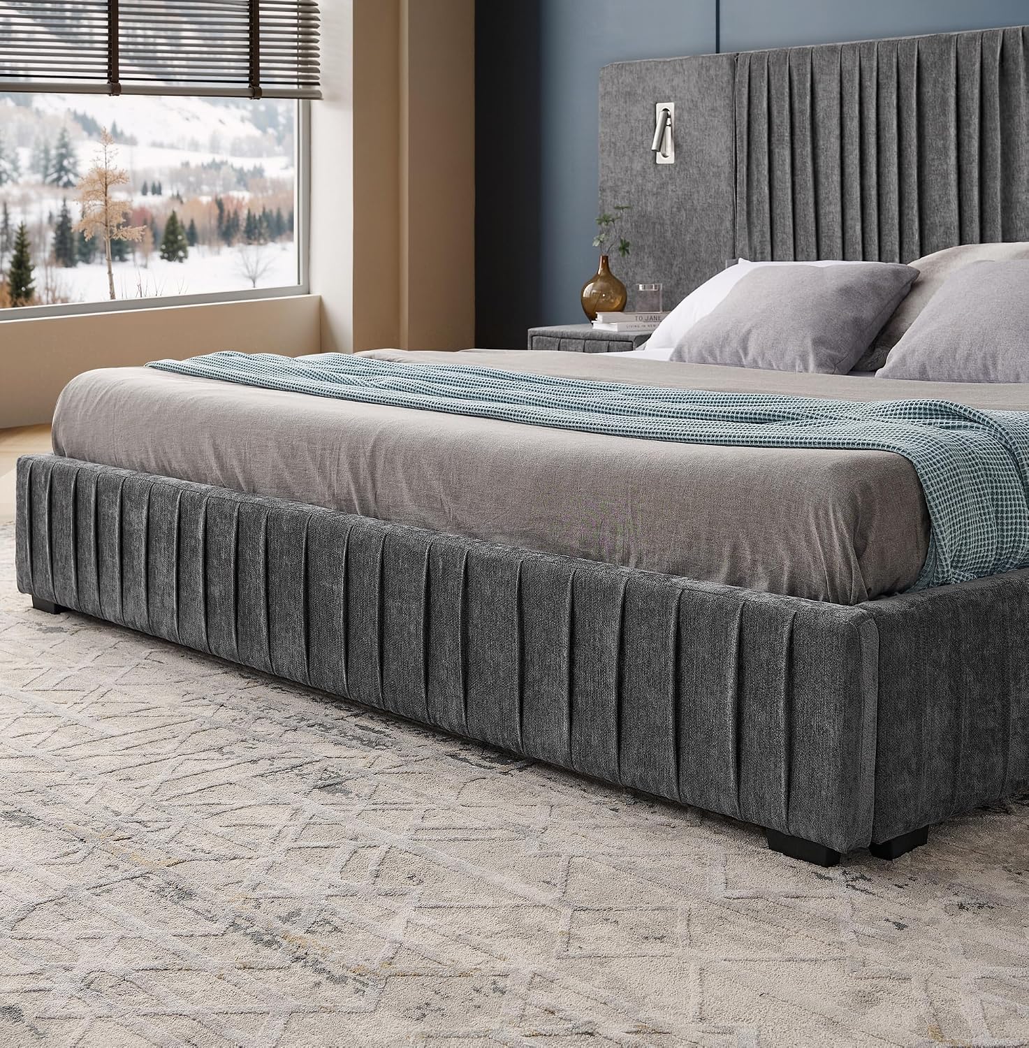 Upholstered King Size Bed Frame with Built-in Nightstands & Adjustable Lamps, No Box Spring Needed Platform Bed with Chenille Pleated Headboard, Sturdy Grounded Bedroom Set for Space-Saving