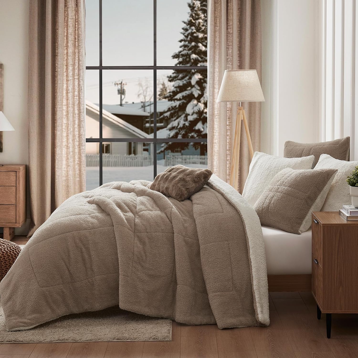 Wonderful Light Brown Tufted Textured Fleece Comforter Set King, 3 Pieces Fuzzy Fluffy Faux Teddy Fur Lightweight Comforter Sets with Pillow Shams, Soft Shaggy Plush Sherpa Bedding Set for Winter