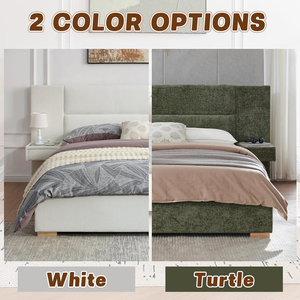 Queen Size Upholstered Platform Bed Frame with 2 Side Storage Drawers & Built-in Nightstands, Linen Headboard, Sturdy Metal Frame, Noise-Free, No Box Spring Needed, White