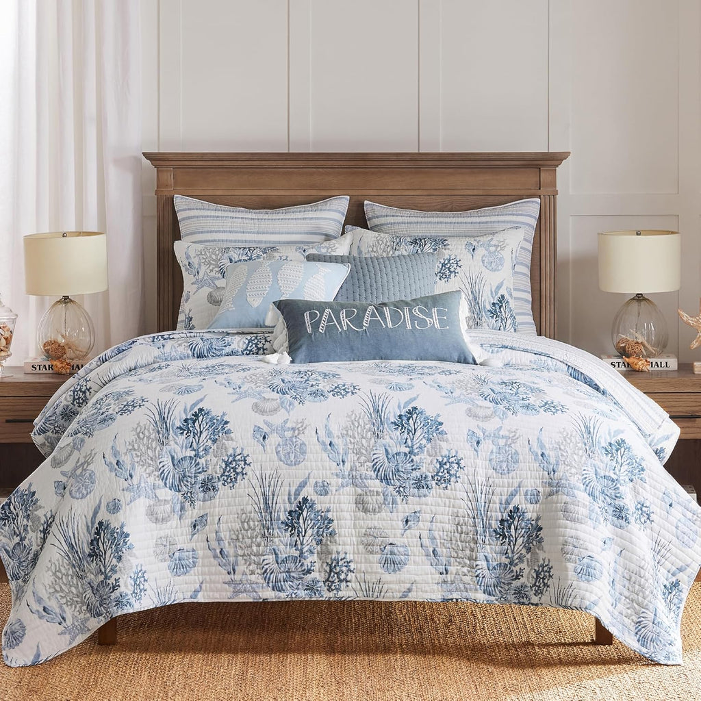Levtex Home - Coral Landing Quilt Set - Full/Queen Quilt and Two Standard Shams - Coastal - Navy Blue Grey White - Quilt (88x92in.) and Shams (20x26in.) - Reversible - Cotton