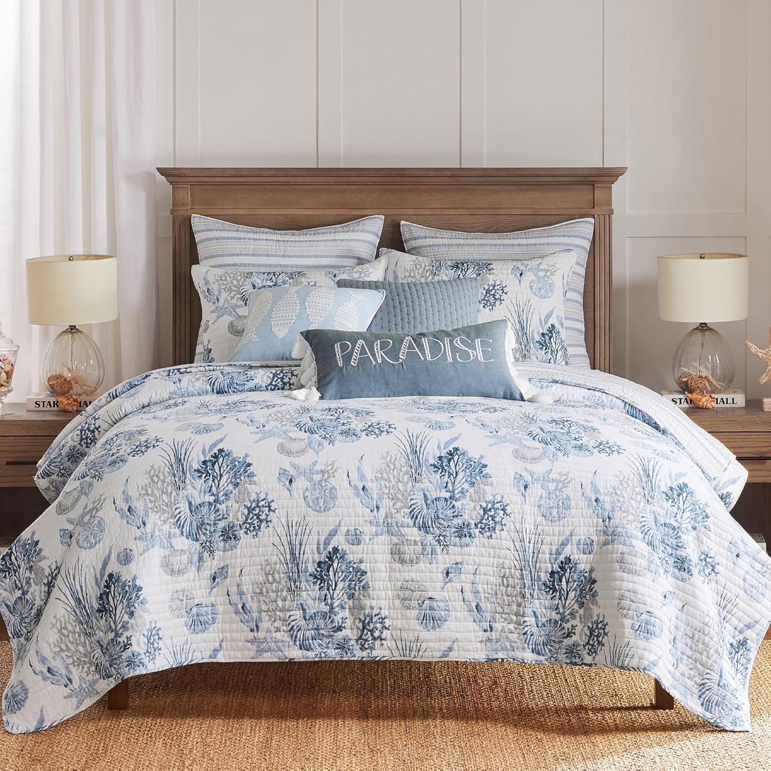 Levtex Home - Coral Landing Quilt Set - Full/Queen Quilt and Two Standard Shams - Coastal - Navy Blue Grey White - Quilt (88x92in.) and Shams (20x26in.) - Reversible - Cotton