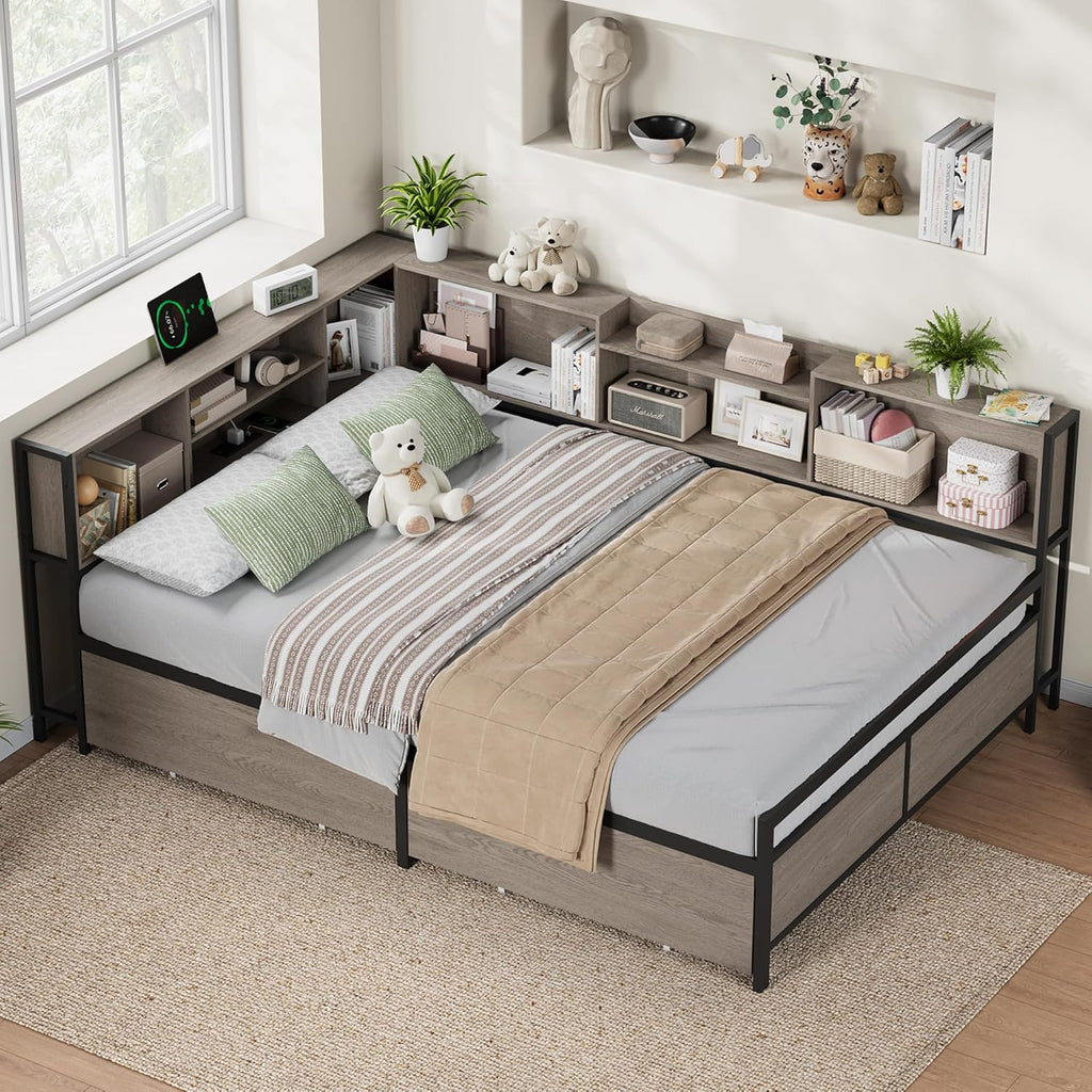 Corner Bed Frame with High Footboard Design, Full Size Bed Frame with 2 Storage Drawers and 8 Bookcases, Full Size Daybed with Charging Station for Kids Teens