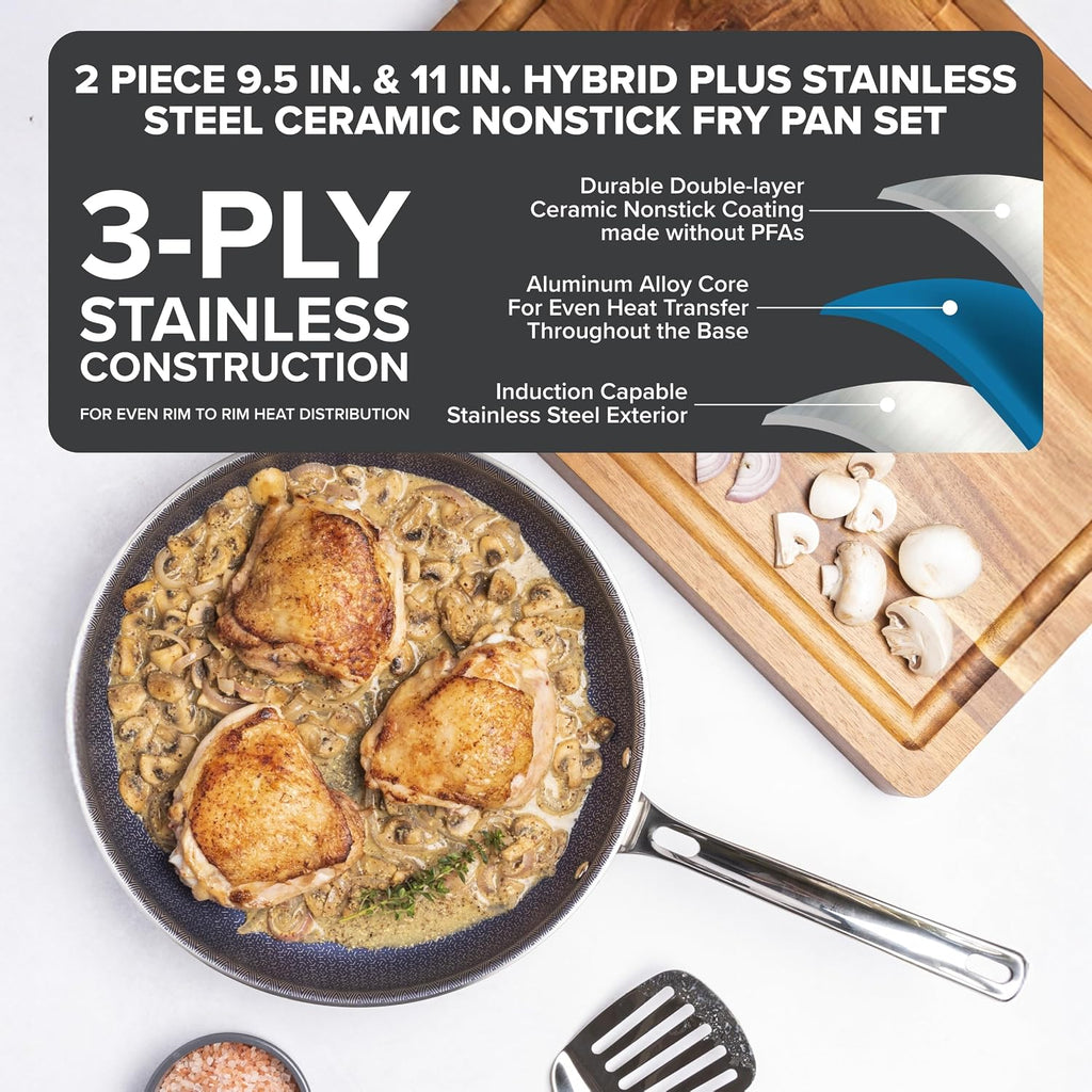 Viking Hybrid Plus 3-Ply Ceramic Nonstick Frying Pan, Made without PFAS, 2-Piece Induction Fry Pan Set, 9.5 and 11 Inch, Metal Utensil Safe, Oven Safe to 500F