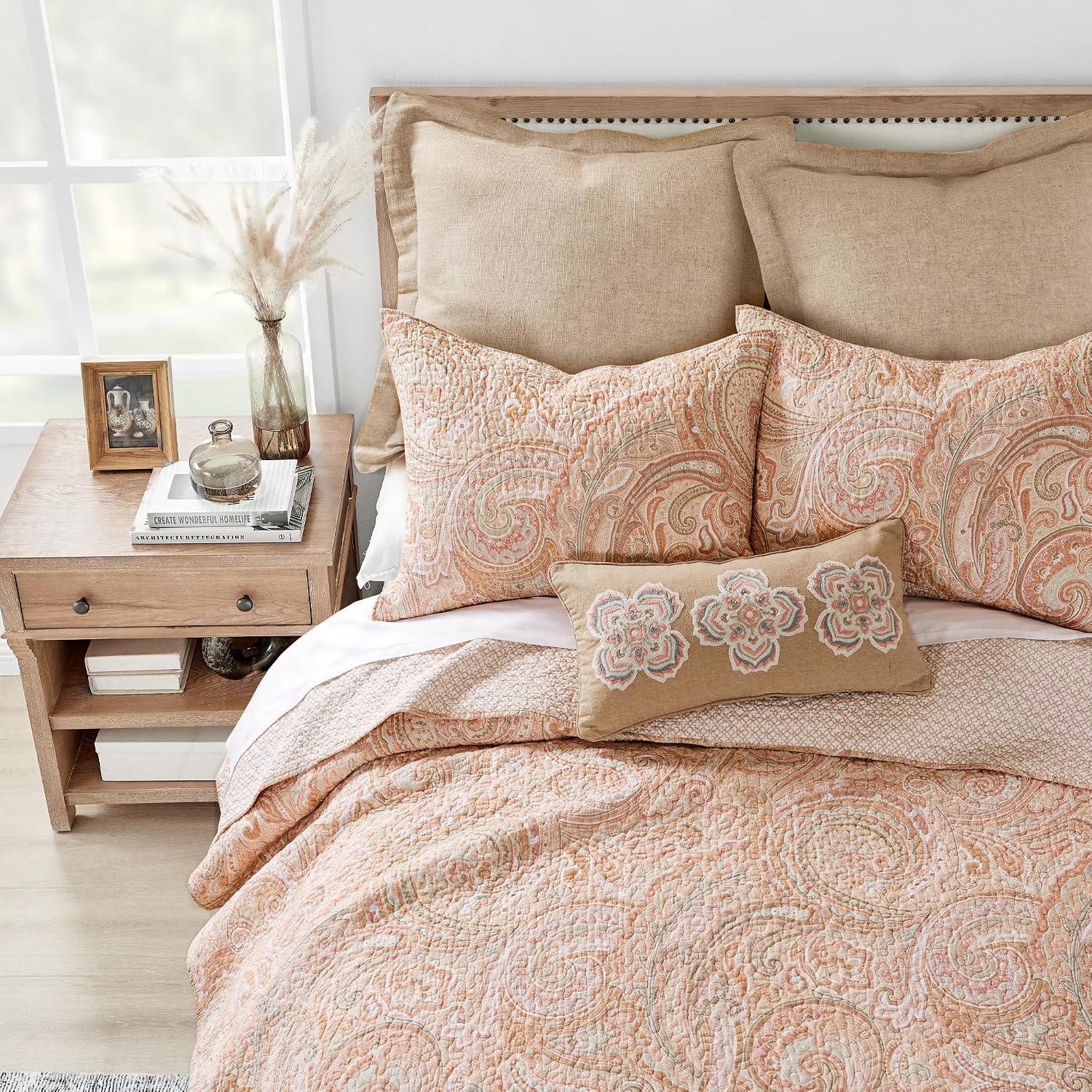 Levtex Home - Spruce Coral Quilt Set - Full/Queen Quilt (88x92in.) + Two Standard Pillow Shams (26x20in.) - Paisley Pattern in Coral and Tan - Reversible - Cotton