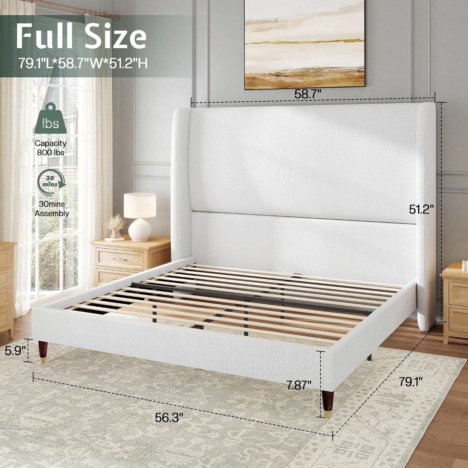 Jocisland Full Size Bed Frame 51.2' Wingback Headboard Linen Upholstered Platform Bed with Solid Wood Legs & Wooden Slats, No Box Spring Needed, Modern Minimalist Style, Easy Assembly, White