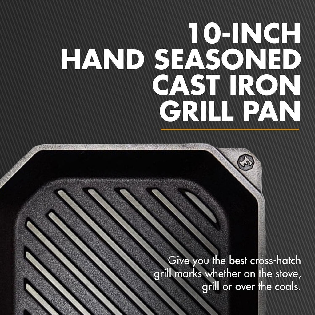 FINEX 10' Cast Iron Grill Pan, Grill Pans with Superior Heat Distribution, Near Non-Stick for Easy Cleaning, Cast Iron Grill Pan, For Indoor & Outdoor Grilling, Pre-Seasoned with Flaxseed Oil