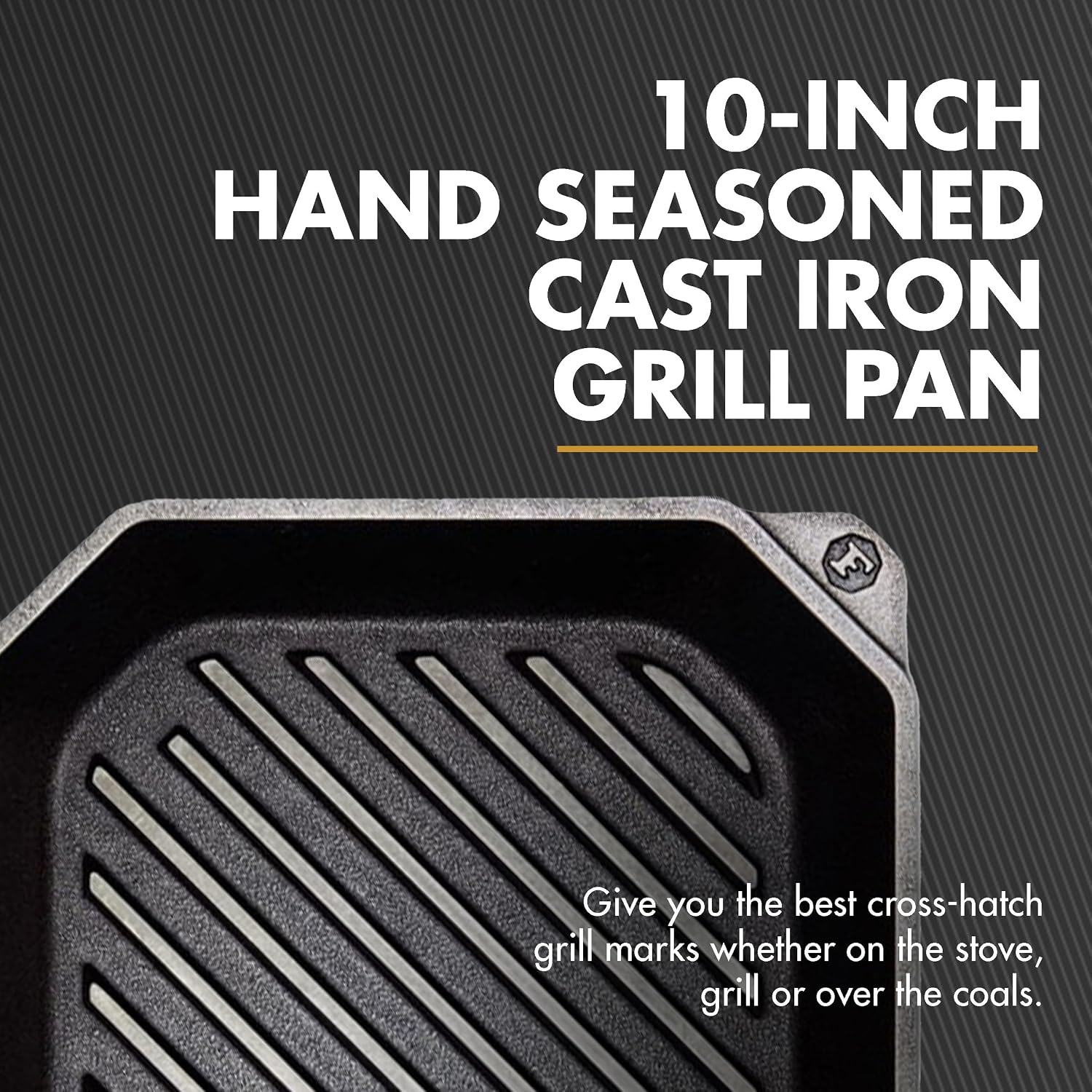 FINEX 10' Cast Iron Grill Pan, Grill Pans with Superior Heat Distribution, Near Non-Stick for Easy Cleaning, Cast Iron Grill Pan, For Indoor & Outdoor Grilling, Pre-Seasoned with Flaxseed Oil
