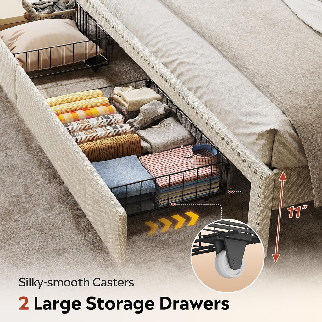 WLIVE King Size Upholstered Bed Frame with 2 Drawers, Storage Headboard Platform Bed with Charging Station and LED Light, Sturdy Metal & Wooden Slats Support, No Box Spring Needed, Beige