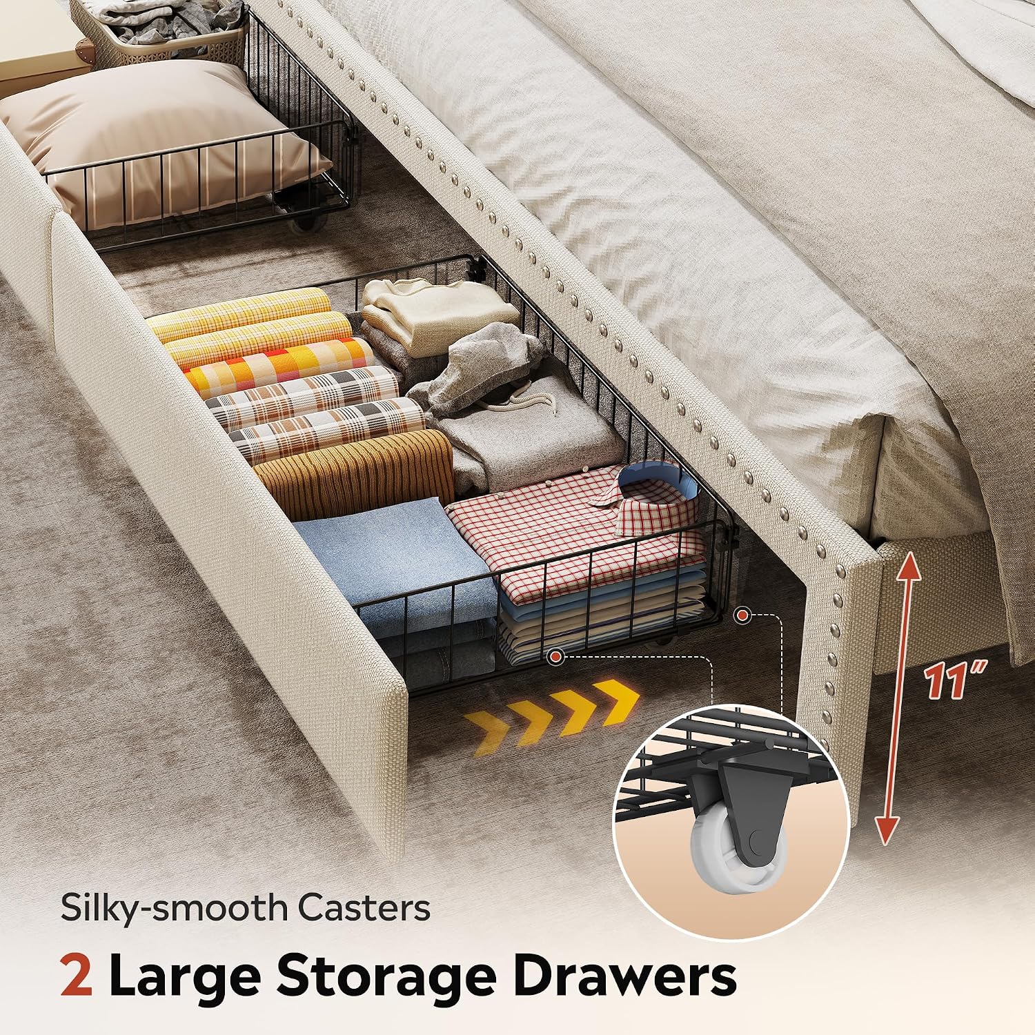 WLIVE King Size Upholstered Bed Frame with 2 Drawers, Storage Headboard Platform Bed with Charging Station and LED Light, Sturdy Metal & Wooden Slats Support, No Box Spring Needed, Beige
