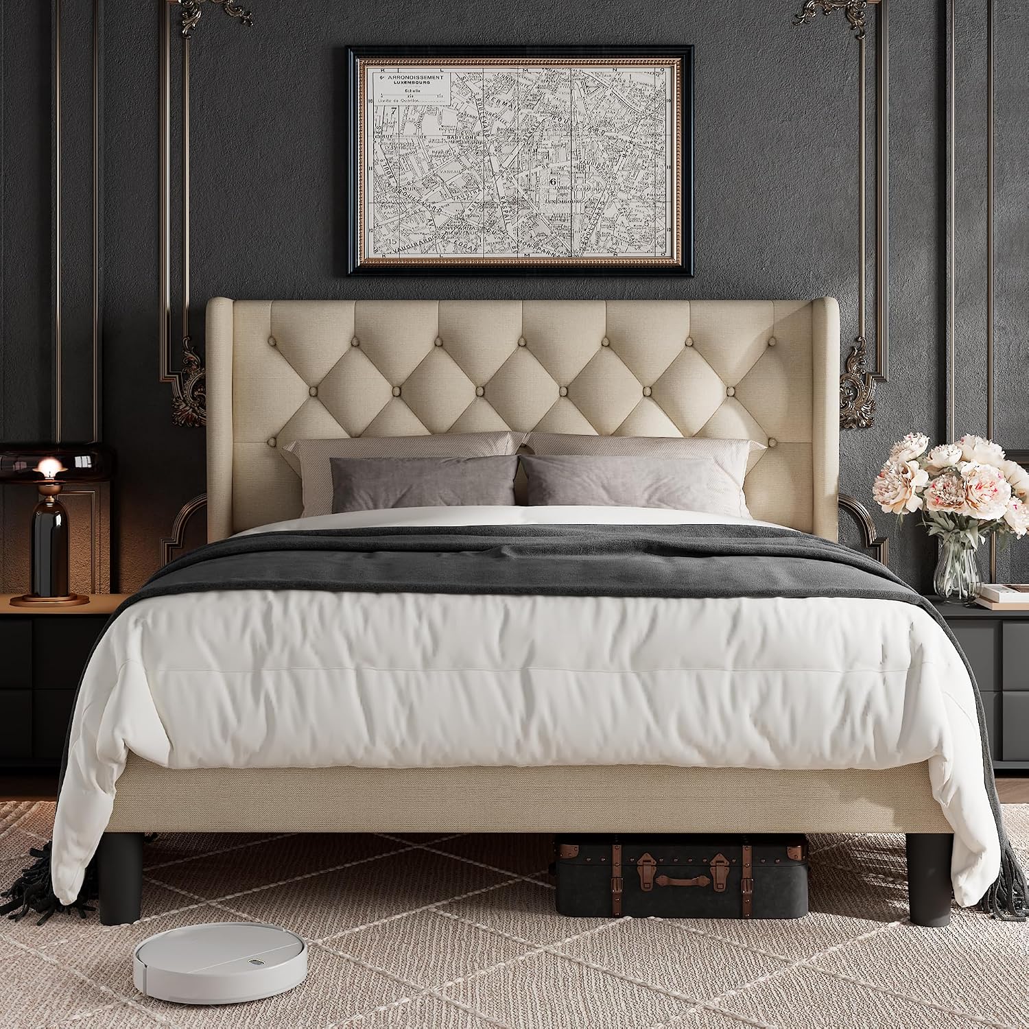 GalnFu Full Size Bed Frame with Button Tufted Headboard, Upholstered Platform Bed Frame with UnderBed Storage, Wooden Slats Supports, Noise Free, No Box Spring Needed, Easy Assembly, Beige