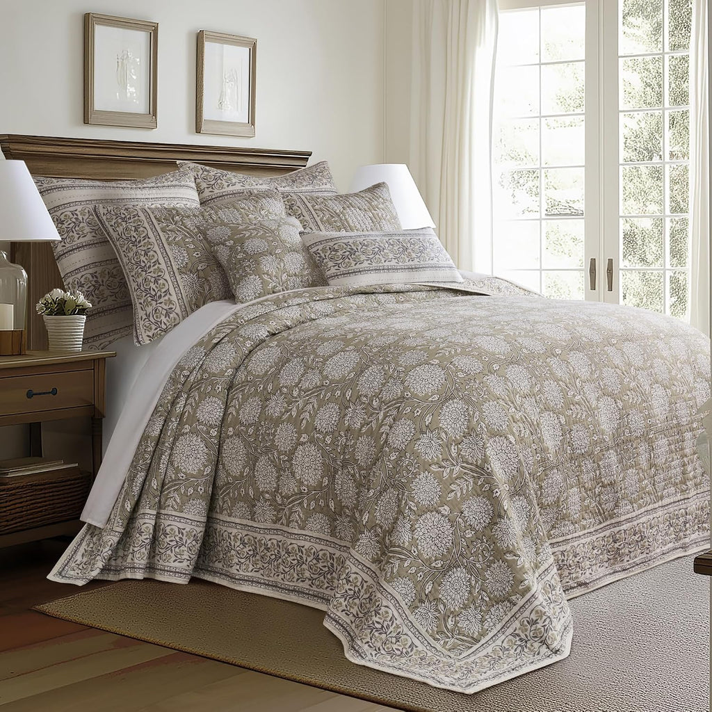 Levtex Home – Adare Taupe Bedspread Set – Twin Bedspread (80x106in.) and 1 Standard Sham (20x26in.) – Floral Botanical Design – Taupe and White – Reversible – Cotton