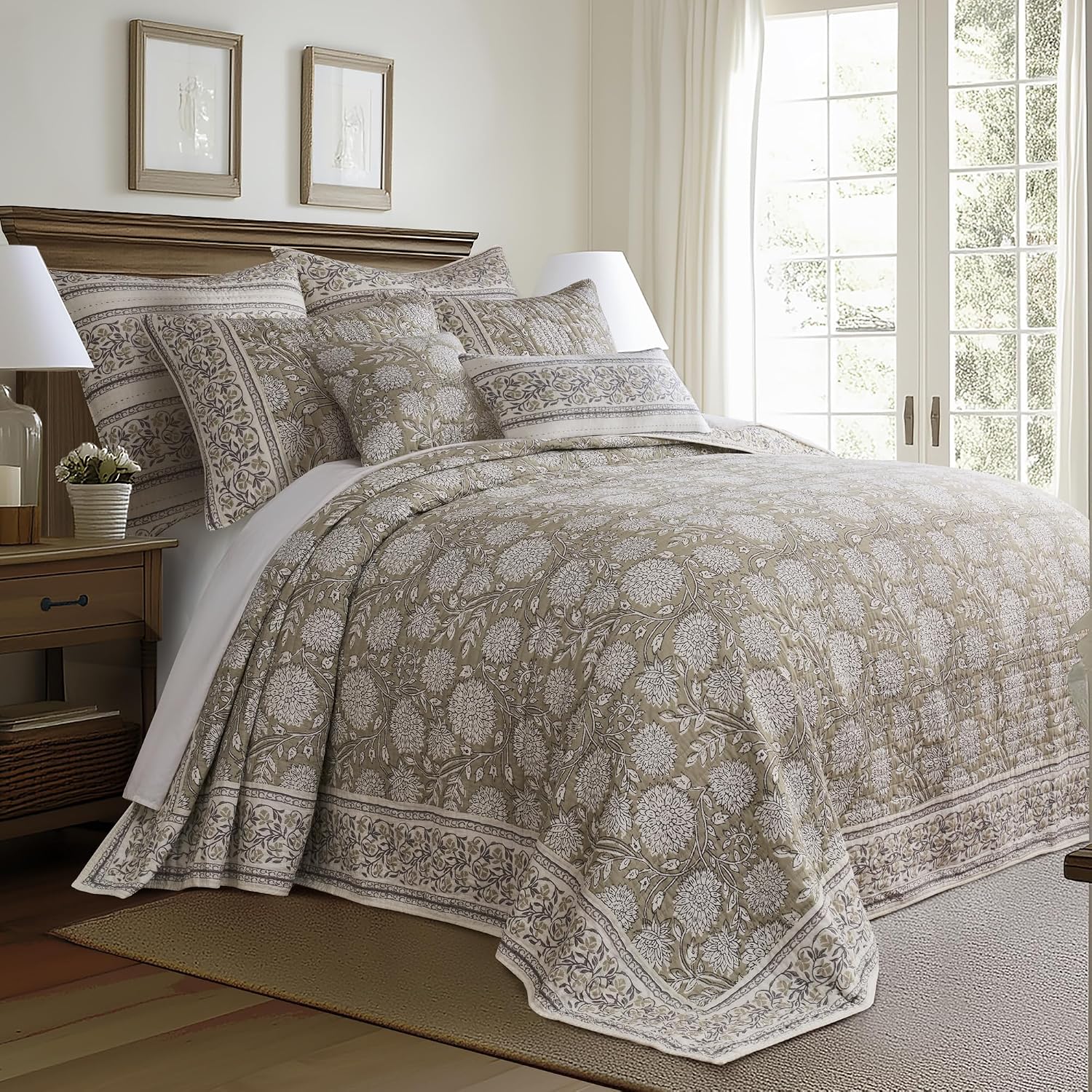 Levtex Home – Adare Taupe Bedspread Set – Twin Bedspread (80x106in.) and 1 Standard Sham (20x26in.) – Floral Botanical Design – Taupe and White – Reversible – Cotton