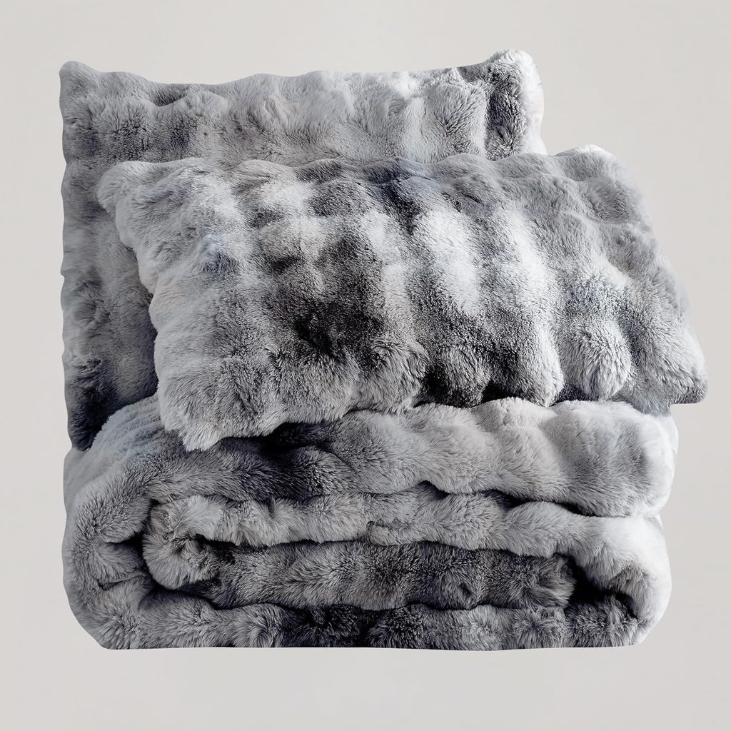 Wonderful 3 Pieces Fluffy Faux Rabbit Fur Bubble Comforter Set King Size, Tie-Dyeing Multiple Grey Plush Fuzzy Bedding Set, Warm Soft Bubble Comforter Bedding Set for Winter