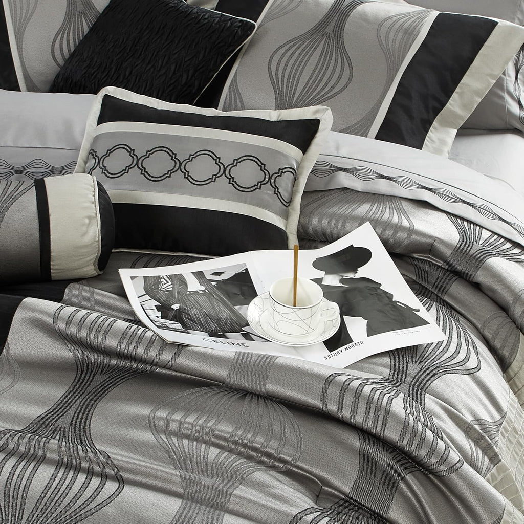 Grand Avenue Black and Silver Comforter Set King Size, 7 Pieces Bedding & Collection, Jacquard All Season Comforter & Pillows, Ultra-Soft Microfiber
