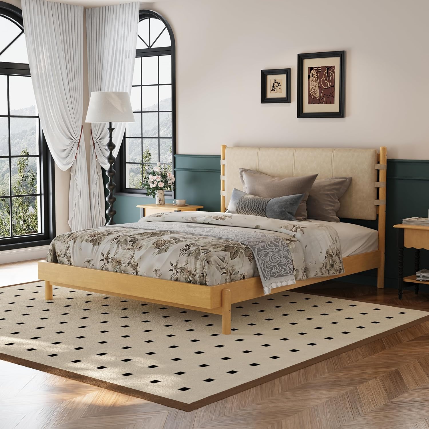 Premium Rubber Wood Platform Bed Frames, Queen Size Bed Frame with Headboard Included, Mid Century Modern Beds, Beige