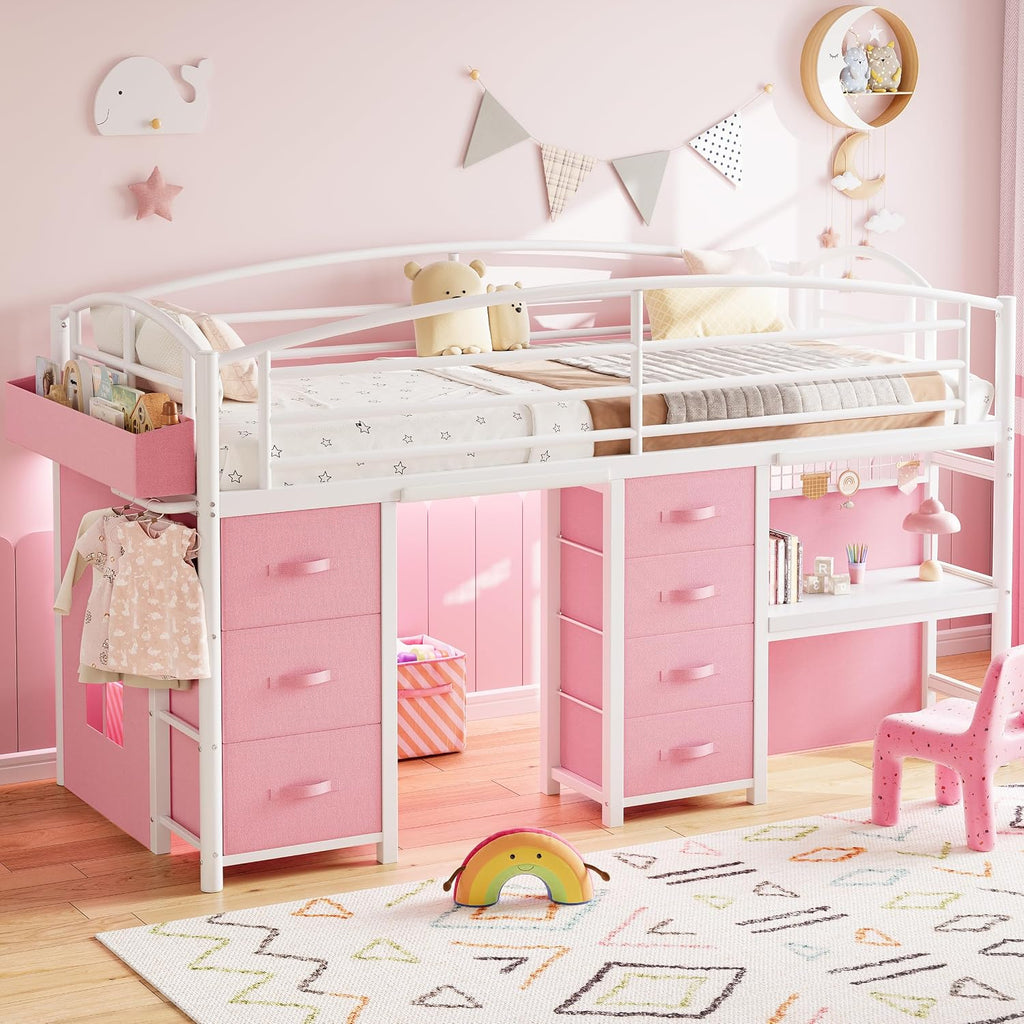 Low Loft Bed Twin Size with 7 Storage Drawers, Desk and LED Lights, Heavy Duty Metal Kids Loft Bed with 12' H Safety Guardrail, Anti-Collision Pad, Private Play Curtain, Under-Bed Play Space - Pink
