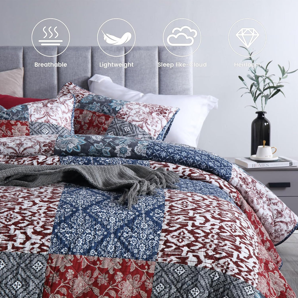 Secgo King Size Comforter Set- 100% Cotton Quilt King Size Set, Burgundy bedspreads (96 * 108 Inch) with 2 Pillow Shams, Patchwork Reversible Lightweight Bedding