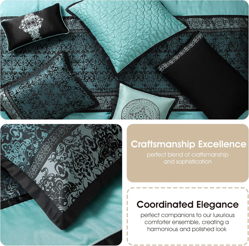 Grand Avenue Black & Teal Comforter Set California King Size, Classic Jacquard Bedding Sets, Faux Silk, Premium Microfiber, 12 Pieces Bed in a Bag, Matching Fitted Sheet, Flat Sheet