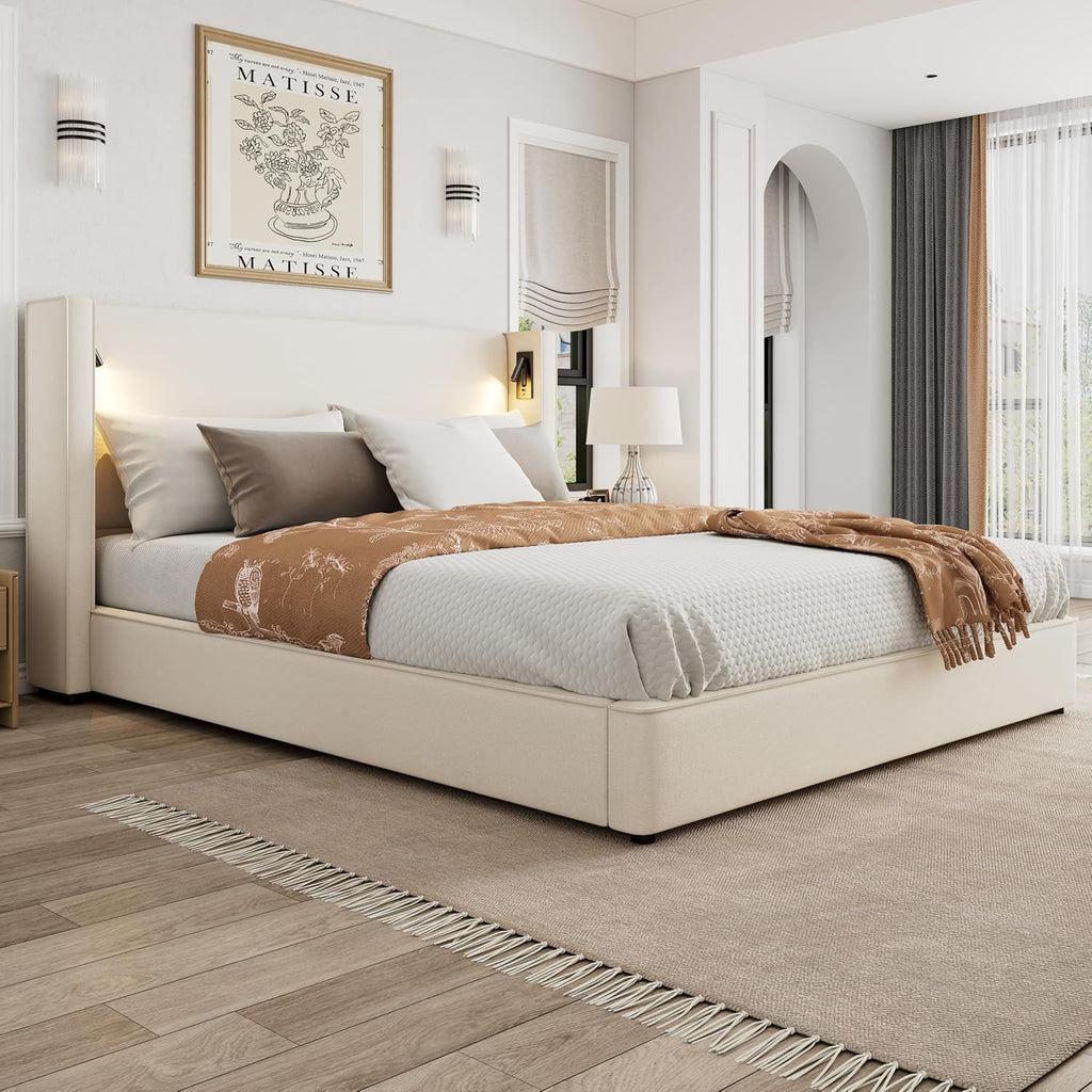 Christopher Knight Home Hazel 49.20' H King Headboard Bed, Upholstered King Size Bed, Slats Panel Support Platform, No Spring Box Needed, Wingback Headboard with Reading Lamps and USB, Beige