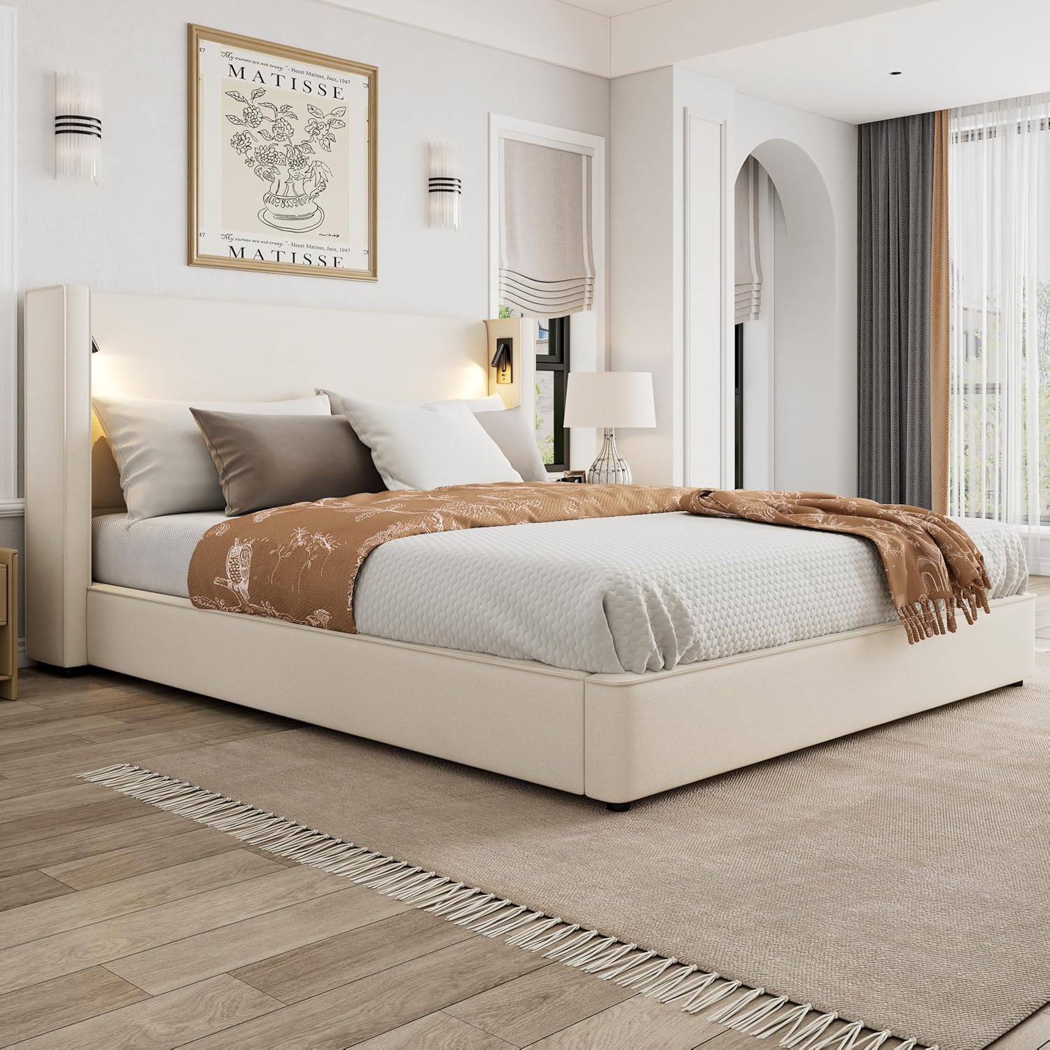 Christopher Knight Home Hazel 45.70'H California King Bed Frames, Linen Upholstered Cal King Bed Frame, Slats Panel Support, No Spring Box Needed, Wingback Headboard with Reading Lamps and USB, Beige