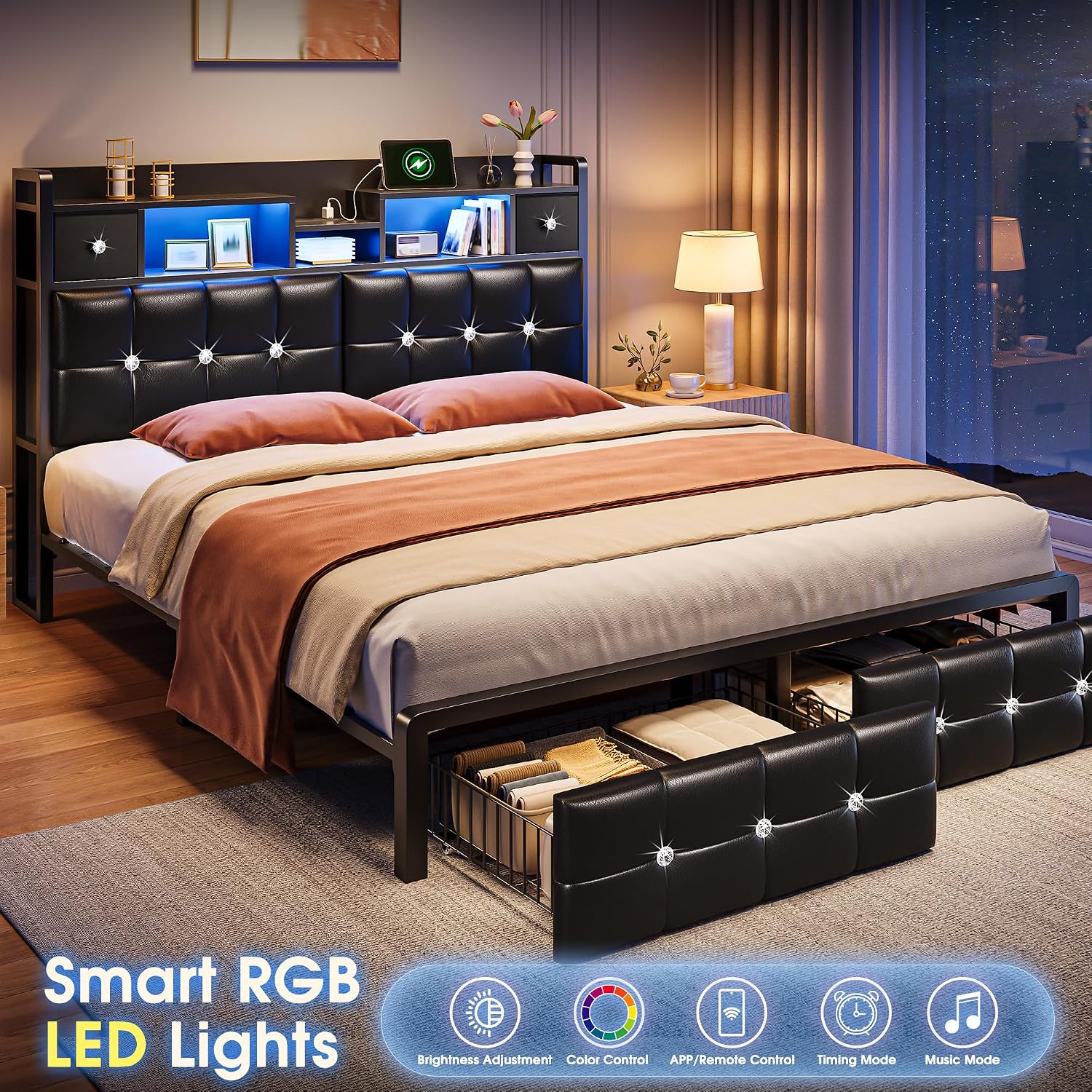 Homkdom Full Size Bed Frame with Hidden Storage Headboard & 4 Drawers,Diamond-Tufted Upholstered Leather Bed Frame Full with LED Lights & Charging Station,No Box Spring Needed,Modern Black