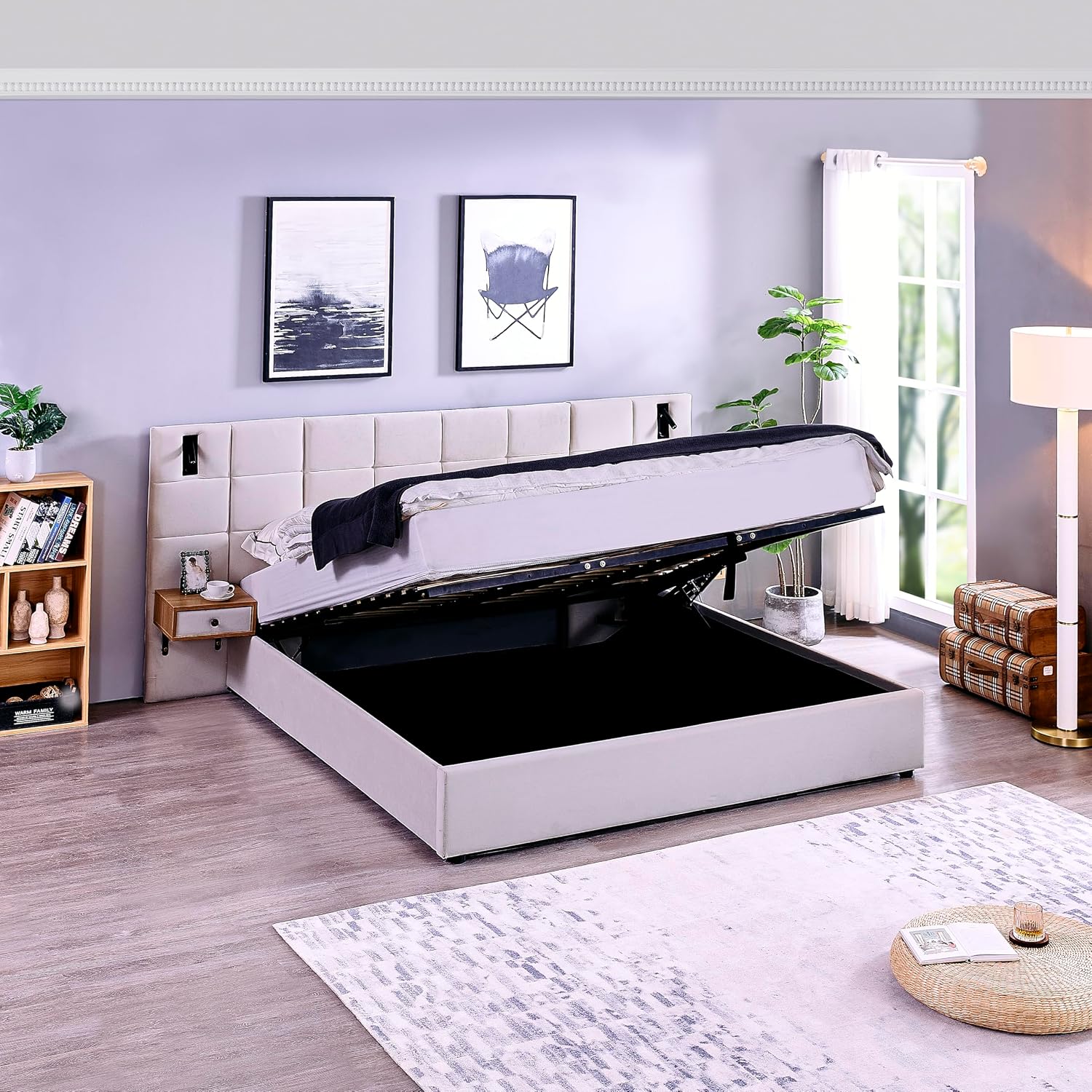 Luxury Velvet King Size Bed Frame with Hydraulic Lift and Storage, Built-in LED Lights, USB Charging Station & 2 Shelves, No Box Spring Needed Platform Bed (Beige)