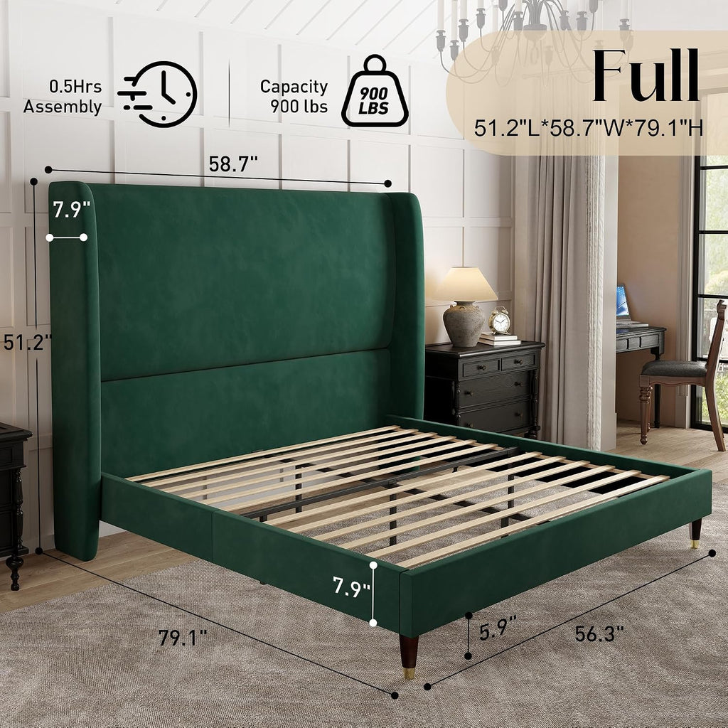 PaPaJet Full Size Bed Frame with 51.2' Wingback Headboard,Velvet Upholstered Platform Bed,Solid Wood Legs,No Box Spring Needed,Noise-Free&Easy Assembly,for Teen Girls, Dorm, Small Bedroom,Green
