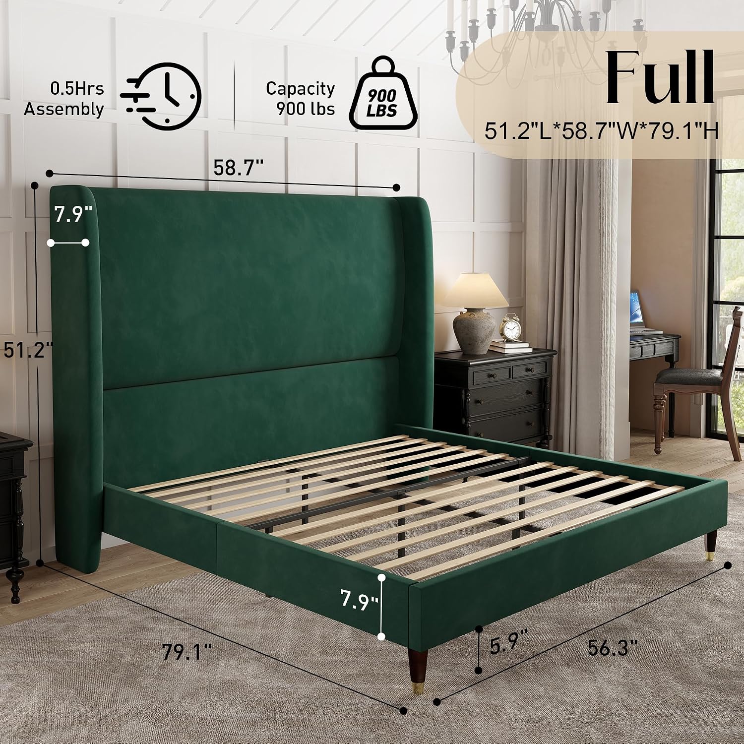 PaPaJet Full Size Bed Frame with 51.2' Wingback Headboard,Velvet Upholstered Platform Bed,Solid Wood Legs,No Box Spring Needed,Noise-Free&Easy Assembly,for Teen Girls, Dorm, Small Bedroom,Green