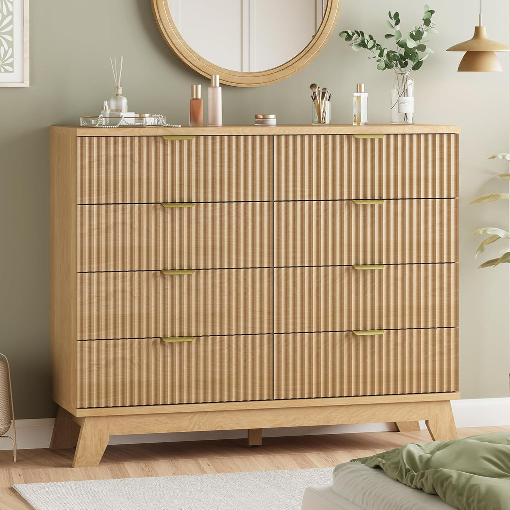 Fluted Dresser for Bedroom with 8 Drawers, 48' Wide Modern Chest of Drawers with Metal Handle, Wooden Dresser TV Stand, Wood Closet Clothes Storage Organizer for Living Room, Hallway, Natural Oak