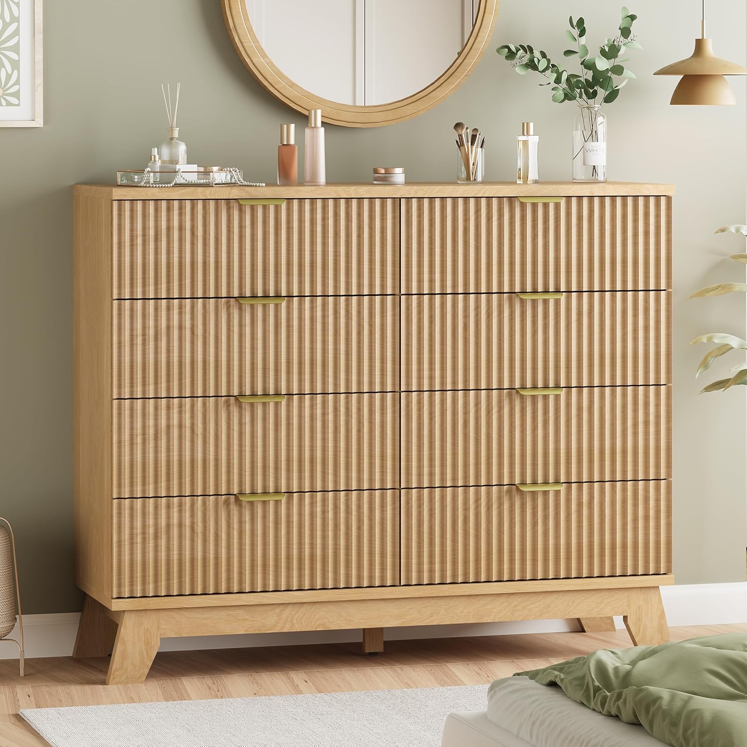 Fluted Dresser for Bedroom with 8 Drawers, 48' Wide Modern Chest of Drawers with Metal Handle, Wooden Dresser TV Stand, Wood Closet Clothes Storage Organizer for Living Room, Hallway, Natural Oak