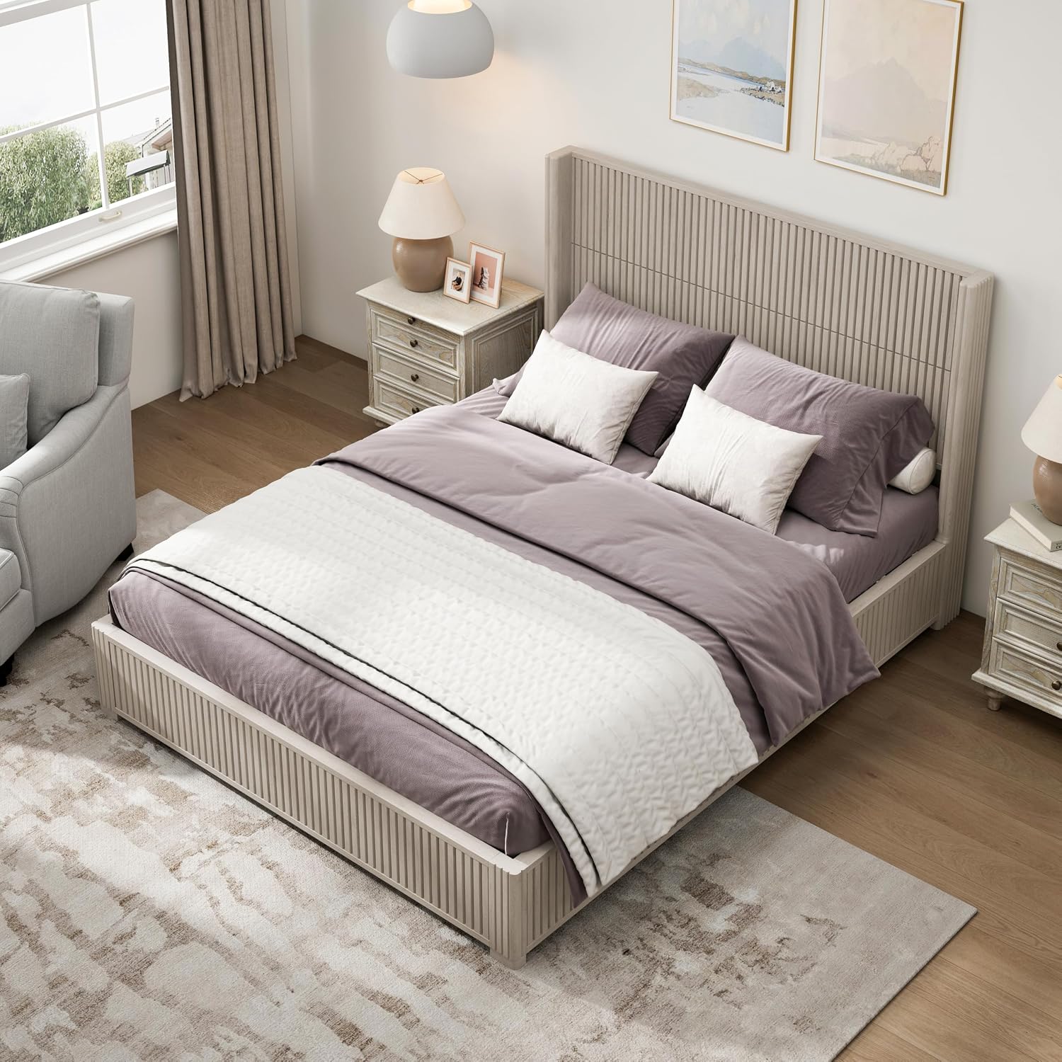 Queen Size Solid Wood Platform Bed Frame with wingback Headboard, Wood Platform Bed Frame Low Profile with 64.49' Headboard, Solid Wood Leg/No Box Spring Needed/Noise Free/Beige