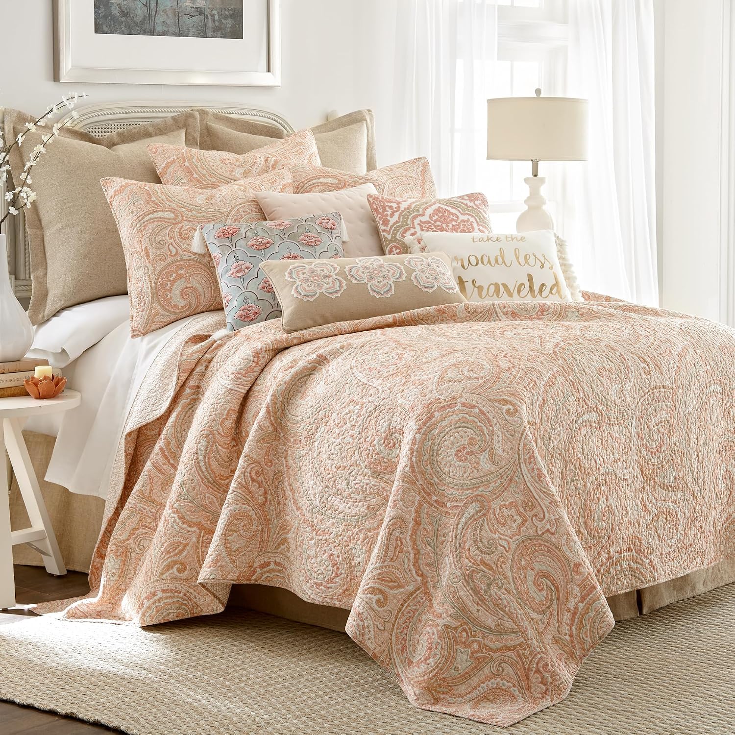 Levtex Home - Spruce Coral Quilt Set - Full/Queen Quilt (88x92in.) + Two Standard Pillow Shams (26x20in.) - Paisley Pattern in Coral and Tan - Reversible - Cotton