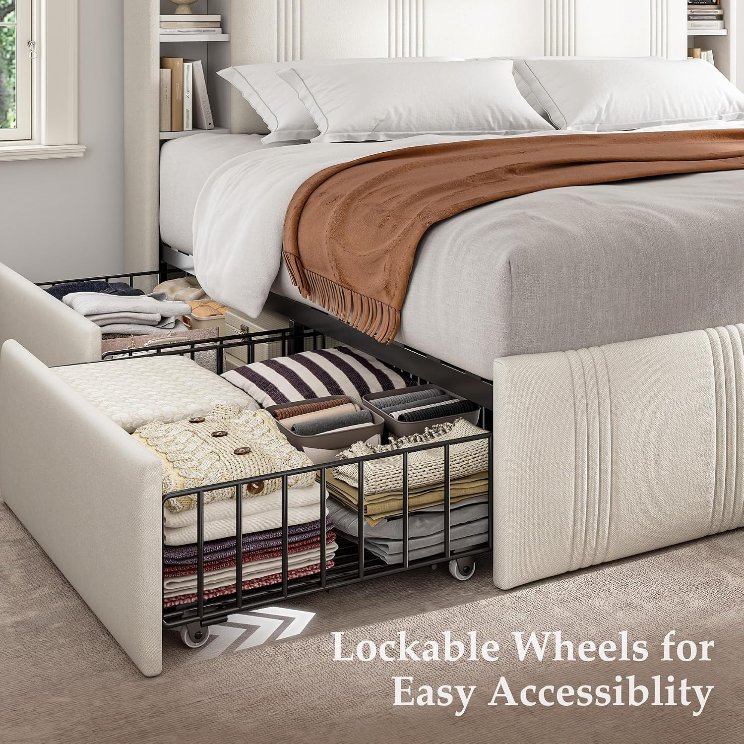 EnHomee Full Size Bed Frame with 4 Storage Drawers and Headboard Upholstered Full Bed Frame with LED & Charging Station & Shelf, No Noise, No Box Spring Needed, Beige