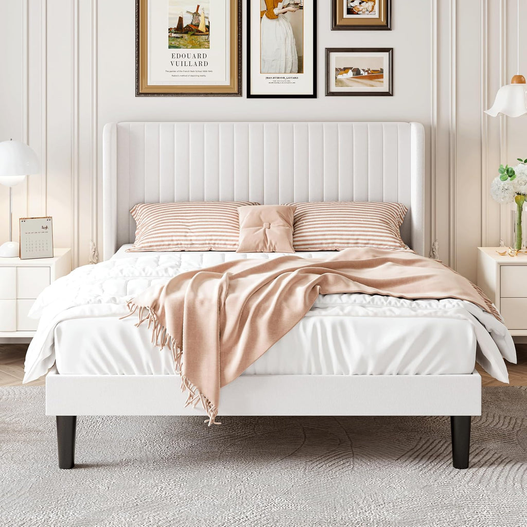 SHA CERLIN Full Size Velvet Bed Frame with Vertical Channel Tufted Wingback Headboard, Upholstered Platform Bed with Wood Slats, No Box Spring Needed, Easy Assembly, White