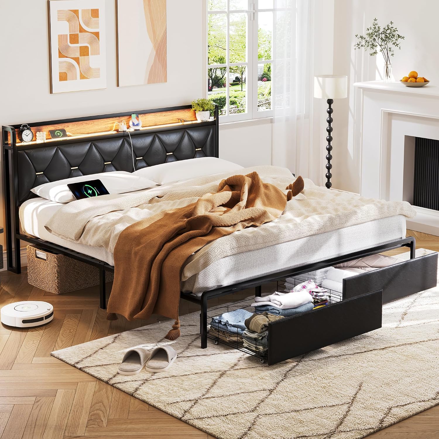 Ailisite King Size Bed Frame with 2 Storage Drawers, Faux Leather Upholstered King Bed Frame with Headboard and Storage and Charging Station, Led Bed, Heavy-Duty Metal Slats Support, Noise-Free,Black