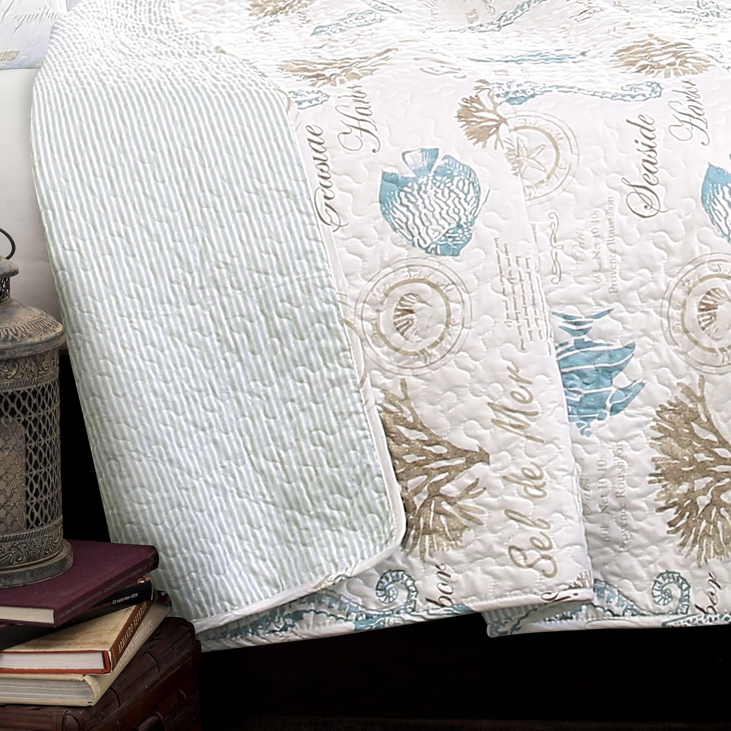 Lush Decor Harbor Life Reversible Quilt Set, 7 Piece Set, Full/ Queen, Blue & Taupe - Blue Quilt Queen Bedding Set - Coastal Decor - Nautical Bedding - Beach House