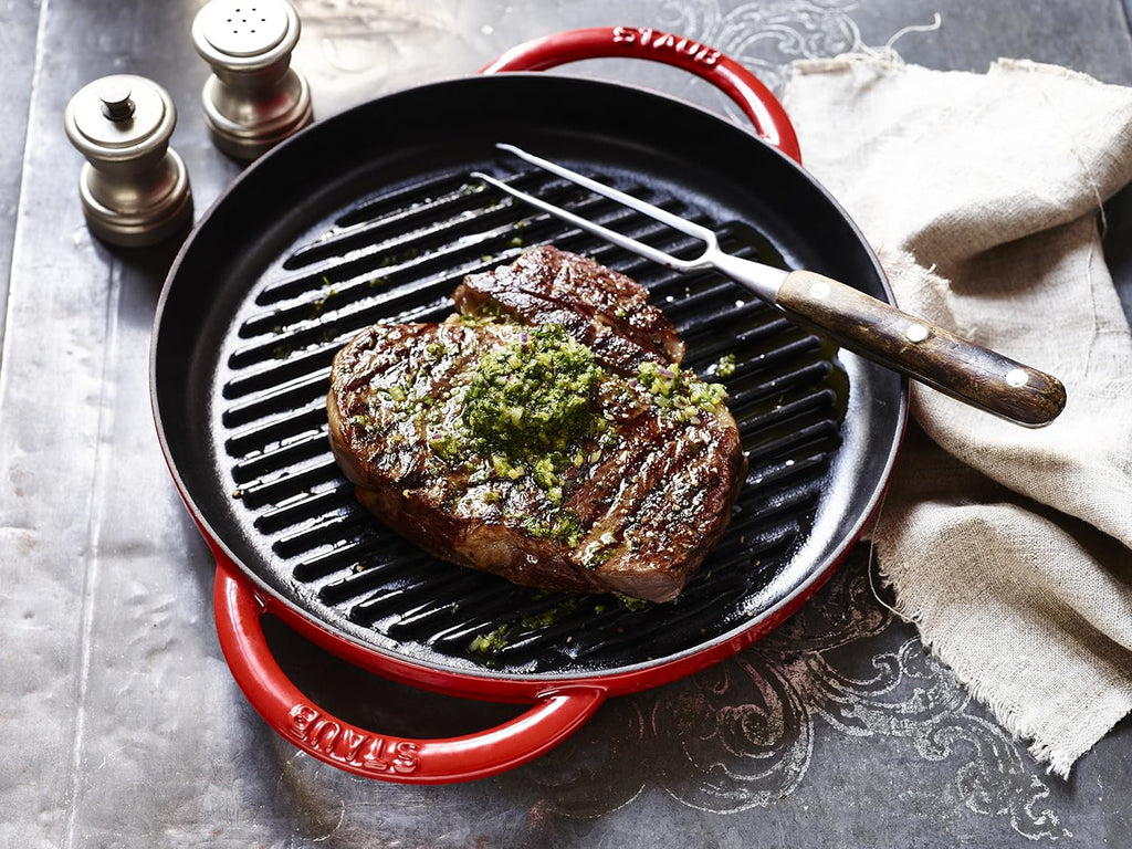 Staub Round 22 cm Grill Pan, Cast Iron, Cherry Red