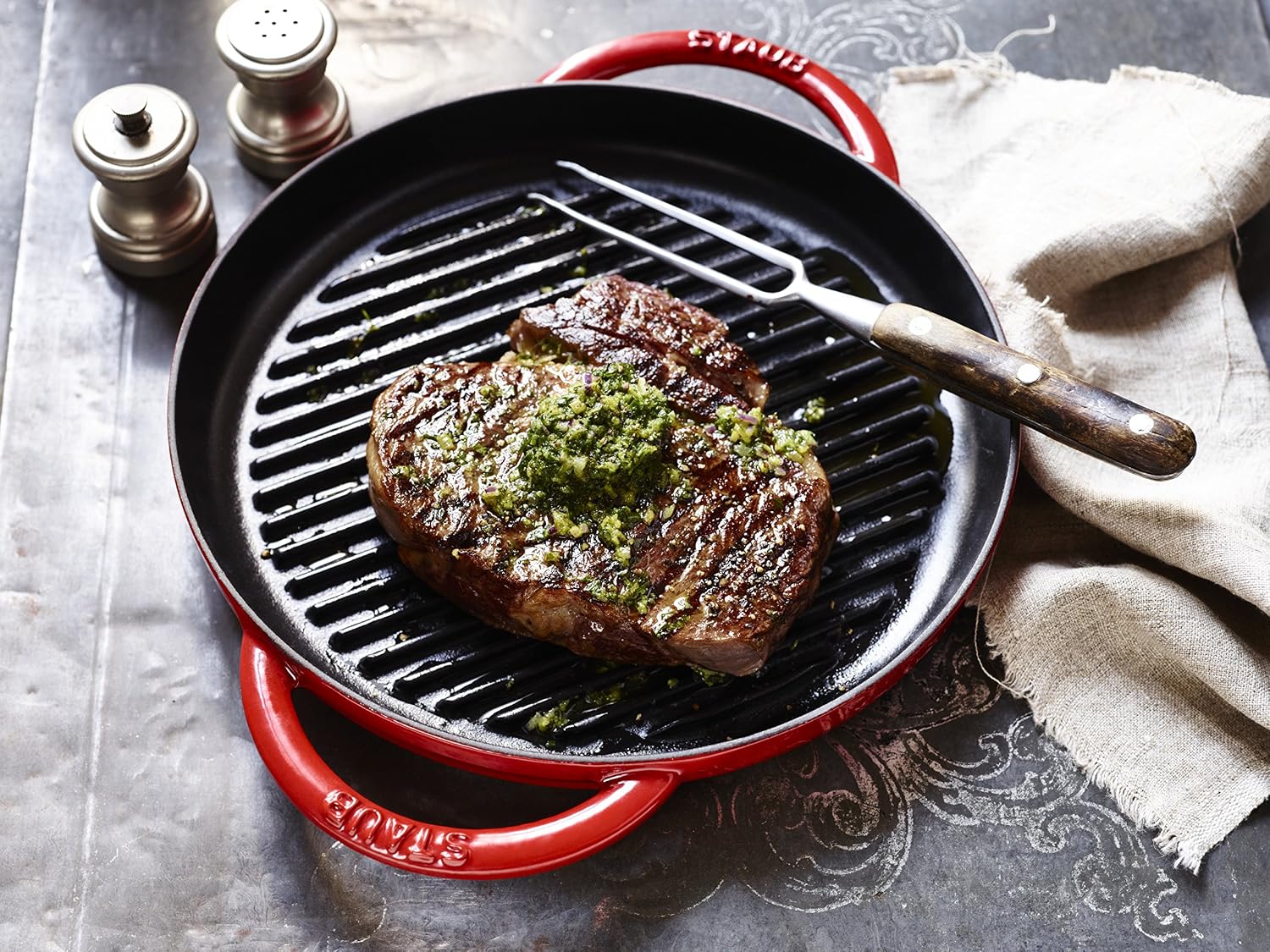 Staub Round 22 cm Grill Pan, Cast Iron, Cherry Red