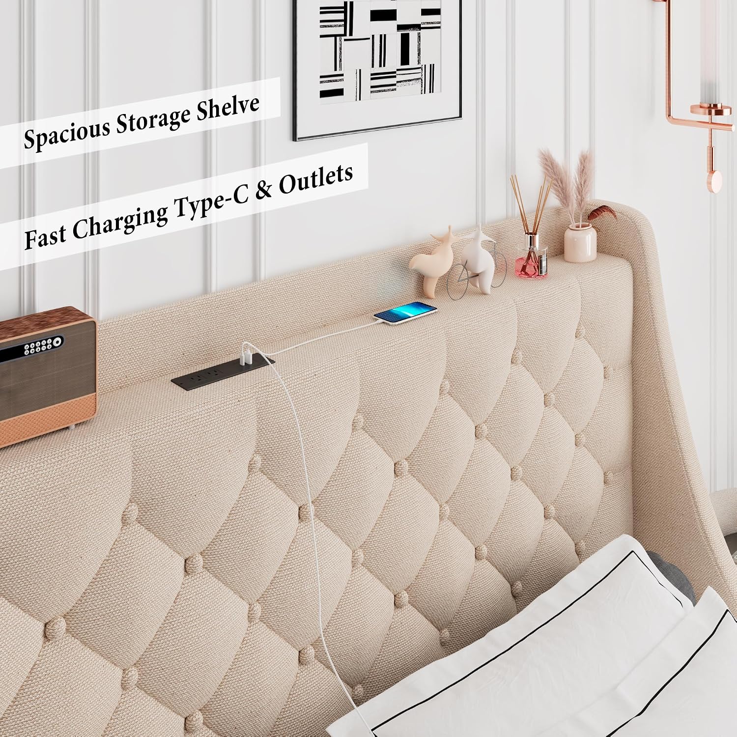 iPormis Full Size Bed Frame with 4 Storage Drawers, Upholstered Platform Bed Frame with Type-C & USB Ports, Wingback Storage Headboard, Solid Wood Slats, No Box Spring Needed, Beige